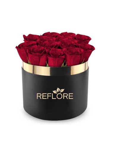 Box cilindro nero con rose rosse stabilizzate