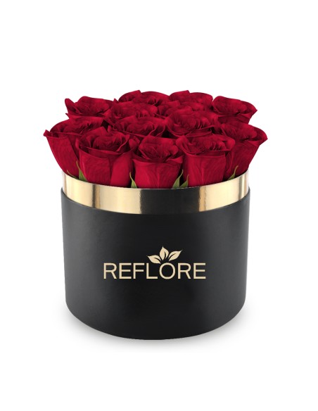 Black cylinder box with stabilized red roses