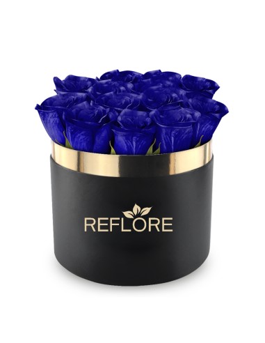Black cylinder box with stabilized blue roses