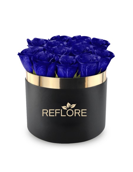 Black cylinder box with stabilized blue roses