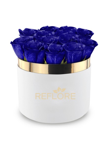 White cylinder box with stabilized blue roses