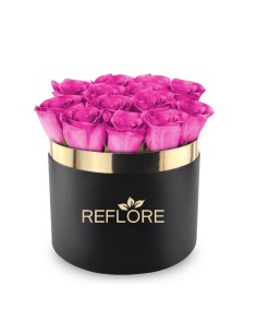 Black cylinder box with stabilized fuchsia roses