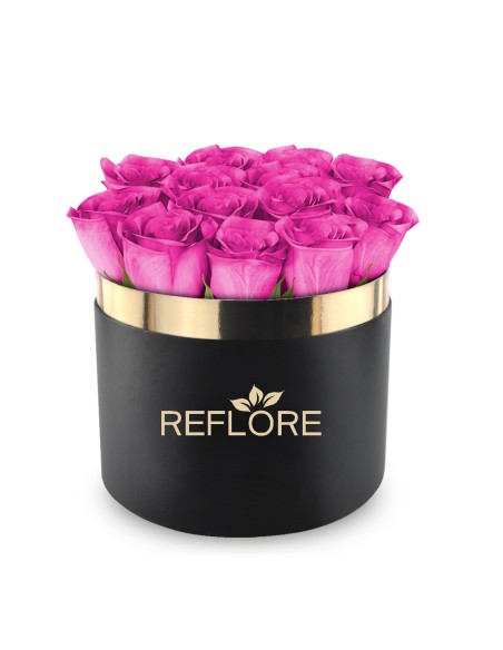 Black cylinder box with stabilized fuchsia roses