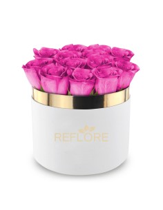 Box cilindro bianco con rose fucsia stabilizzate