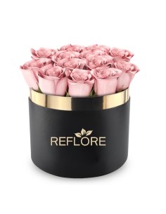 Black cylinder box with stabilized pink roses