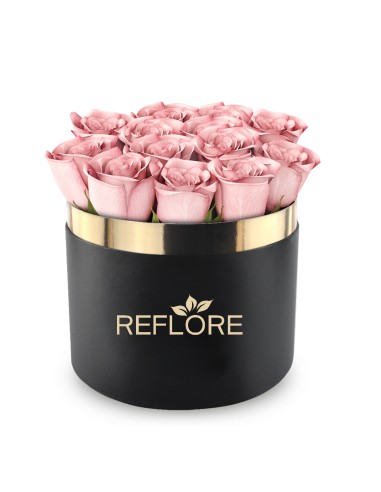 Black cylinder box with stabilized pink roses