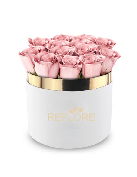 Box cilindro bianco con rose rosa stabilizzate