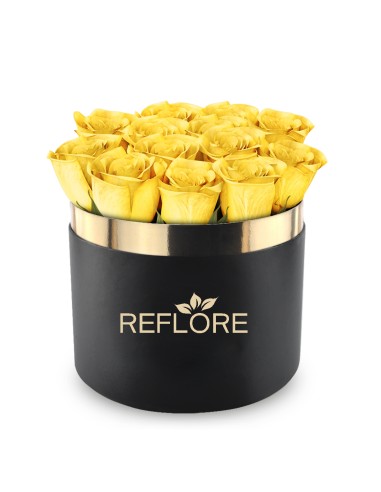 Black cylinder box with stabilized yellow roses