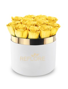 White cylinder box with stabilized yellow roses