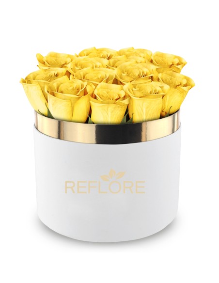 White cylinder box with stabilized yellow roses