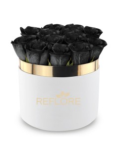 White cylinder box with stabilized black roses