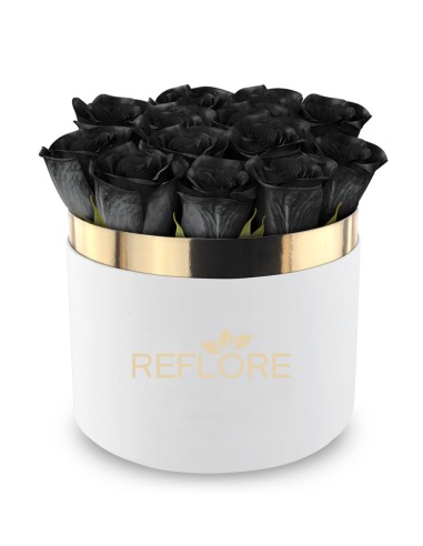 White cylinder box with stabilized black roses