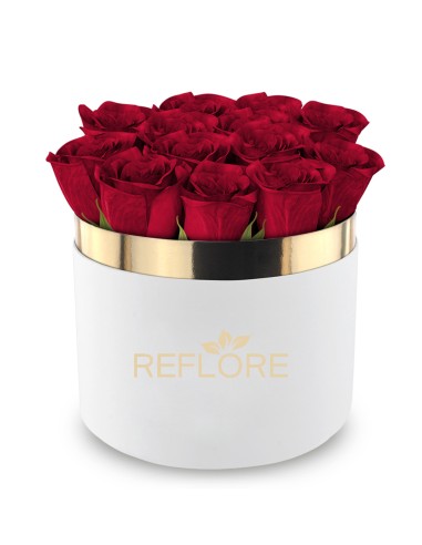 White cylinder box with stabilized red roses