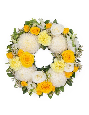 Coroncina funebre con fiori misti sui toni del bianco e giallo | Torino Fiori