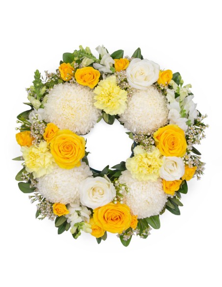 Coroncina funebre con fiori misti sui toni del bianco e giallo | Torino Fiori