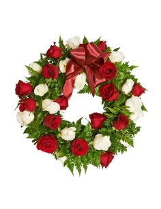 Funeral wreath with mixed flowers in shades of white and red | Turin Flowers